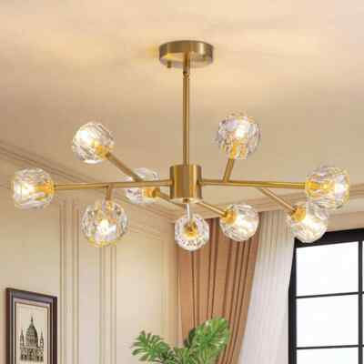 WDETR 26 in. 9-Light Solid Brass Modern Crystal Chandelier w/ Remote