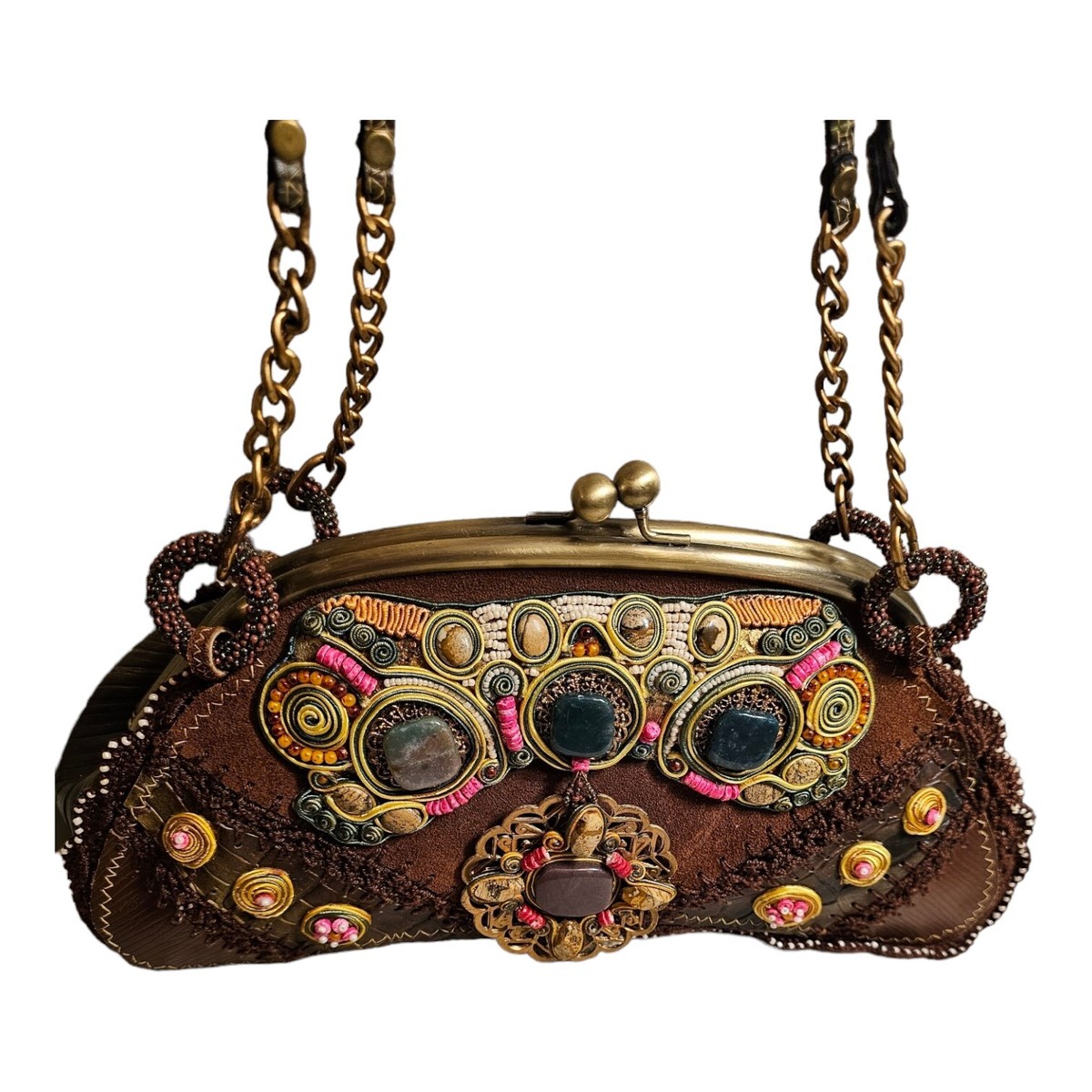 Mary Frances Lock it Up Beaded Handle Bag Leather Handbag Brown Gold Purse NEW Vintage Mary Frances Beaded Gold Bling Hand Decorated Purse  main image 2