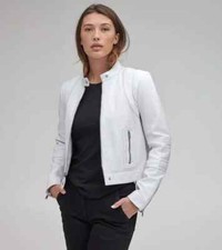White Leather Jacket Women Biker Moto Pure Lambskin Size XS S M L XL XXL