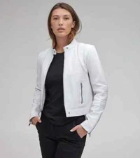 White Leather Jacket Women Biker Moto Pure Lambskin Size XS S M L XL XXL
