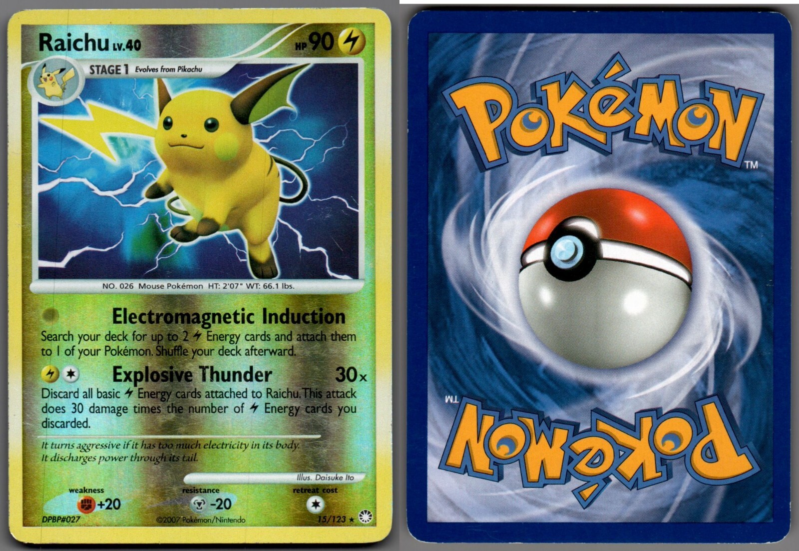 2007 Pokemon, Mysterious Treasures, #15/123 Raichu Lv.40, Reverse Holo Rare