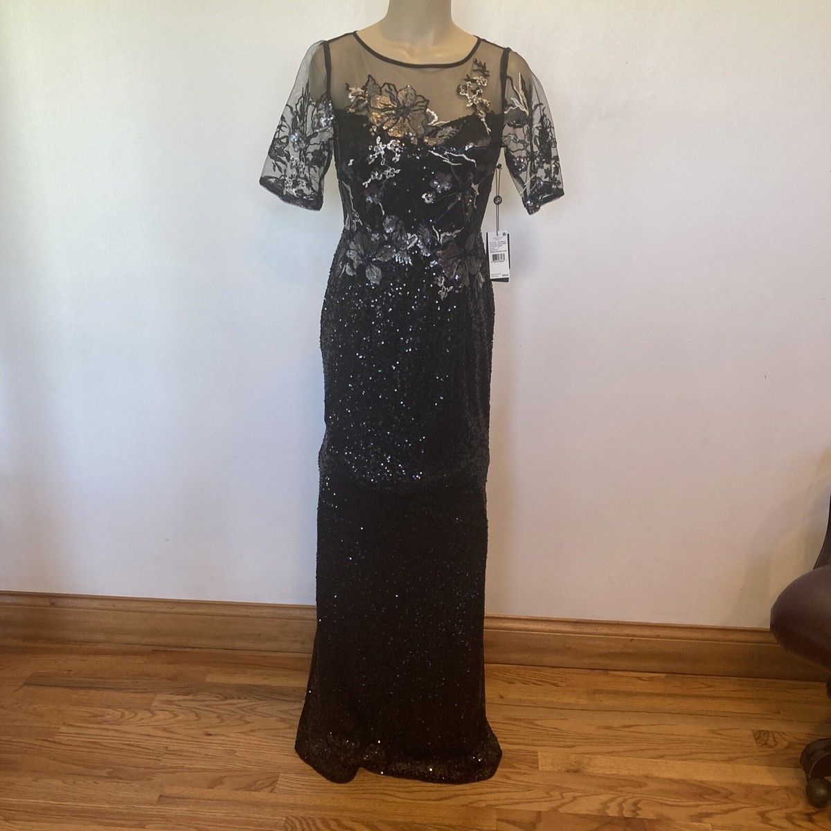 Adrianna Papell Sequin Embroidered Gown, Black Gunmetal, Size: 2 Adrianna Papell Sequin Embroidered Gown, Black Gunmetal, Size: 2