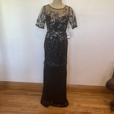 New Adrianna Papell size 2 black sequin covered gown w/embroidery top dress