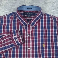 US Polo Men's Large Stretch Button-Up Long Sleeve Casual Shirt Blue Red Plaid 