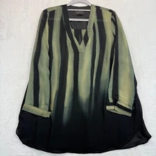 Q NEEL Sheer Blouse Olive Green Black Abstract Print Long Sleeve Size L
