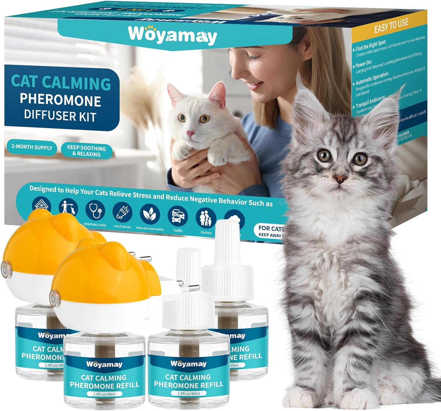 Diffusore Feromoni per Gatti Con 2 Diffusori + 4 Ricariche 48 Ml, Calmante Etran