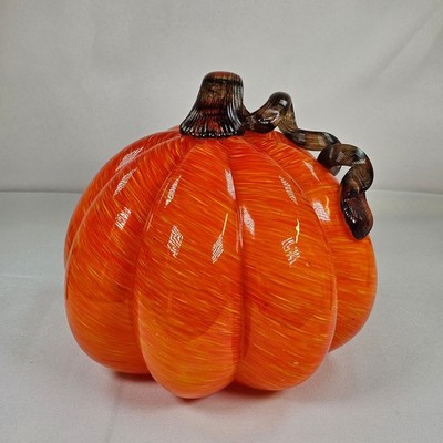 Orange Swirl Hand Blown Art Glass Pumpkin Figurine with Curly Stem Fall Decor