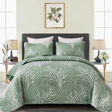 DJY Sage Green Quilt Set California King Size, Branch Botanical Bedspread Coverl