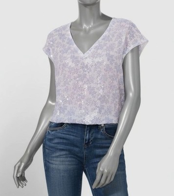 CeCe Women's White Sequined Floral Print V-Neck Cap-Sleeve Blouse Top Size L