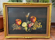 DIPINTO OLIO SU TELA FIRMATO - NATURA MORTA FRUTTA E CALICE - CORNICE ORO
