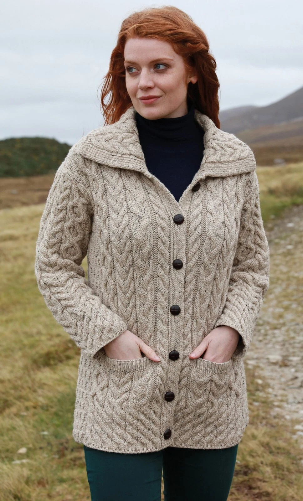 Aran Woollen Mills Irish 100% Merino Wool Cable Knit Button Cardigan Sweater