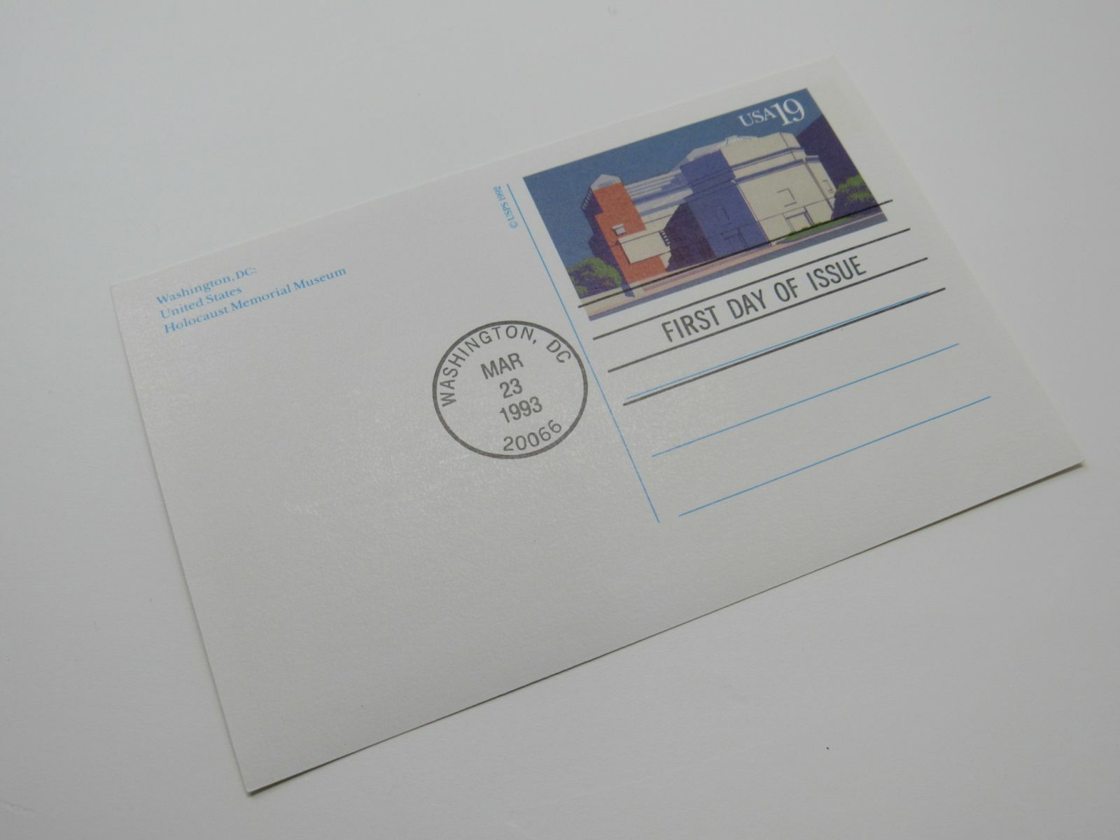 USPS Scott UX168 19c Holocaust Memorial Museum First Day of Issue Postal Card