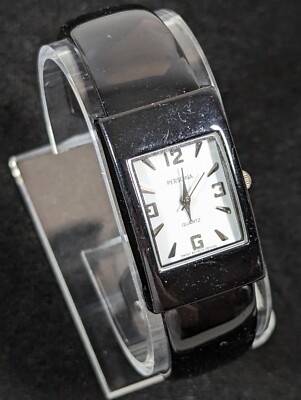 Persona Womans White Dial Black Rectangle Case Hinge Bracelet Band Watch 6.5 in