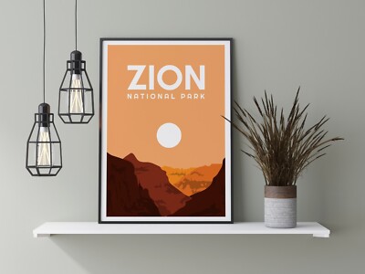 Zion National Park Sun Set Travel Poster Contemporary illustration Art Print