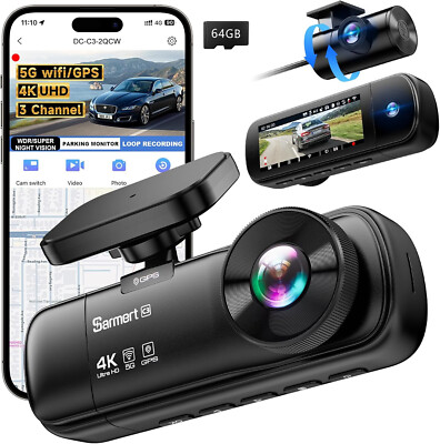 3 Channel Dash Cam 4K Dash Cam Front 1080 Inside and Rear with Free 64GB 2695