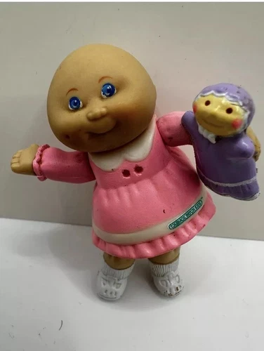 Vintage Cabbage Patch Kids Poseable Mini Figure Baldie Pink  Dress Doll W/ Baby