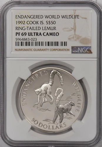 Cook Islands 1992 50 Dollars silver Ring-tailed lemur animal NGC PF69UC Endanger