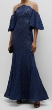 1295 Rene Ruiz Women's Blue Illusion-Neck Lace Trumpet Gown Dress Size 14