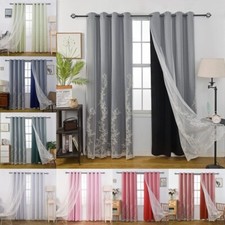 2Panels Embroiered Voile Overlay Soild Curtains, Double Layer Drapes Grommet Top
