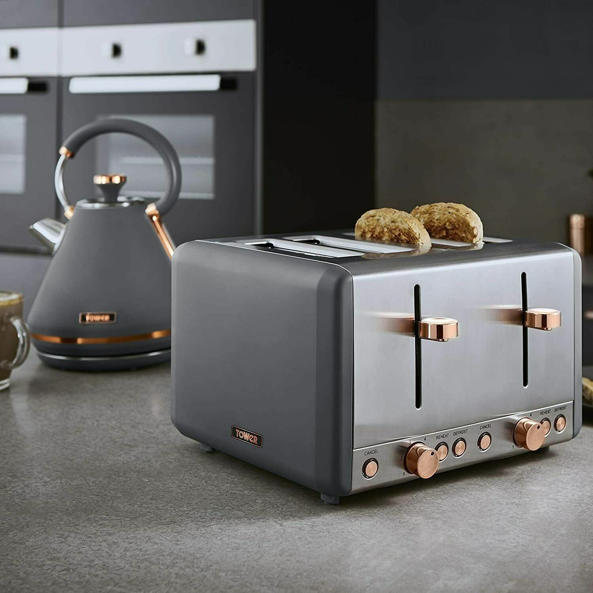 Tower Cavaletto Grey/Rose Gold Set of Kettle, Toaster, Microwave