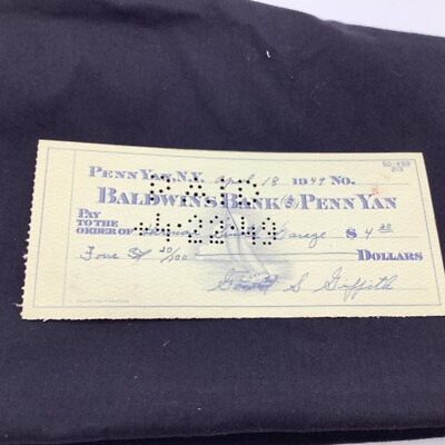 Vintage 1949 Baldwins. Bank Of Penn Yan NY Herman C. Smith Garage Bank Check