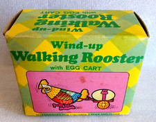 Tin Litho & Plastic Wind-Up Walking Rooster Egg Cart Hong Kong Toy New NOS 1970s
