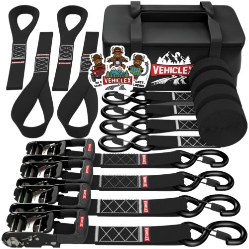 Motorcycle Ratchet Tie Down Straps with Soft Loops - Vehiclex 4PK Heavy Duty ...