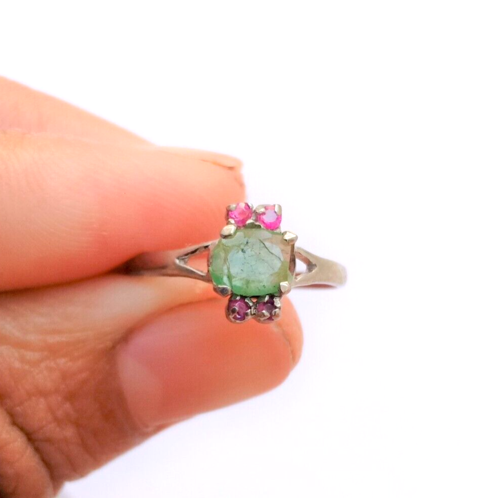 Emerald Ruby Cocktail Ring in 925 Silver Minimalist Prong Setting