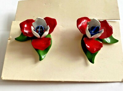 Vintage Ohrstecker Clips BLUME Metall lackiert ROT BLAU WEISS GRÜN NEU   