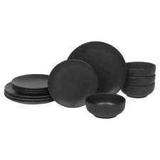 12/24 Pc Dinnerware Stone Ceramic Dinner Dinning Plates Pasta Bowls Set Black