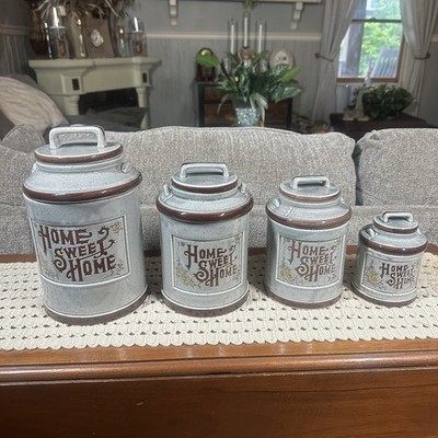 Vintage Ceramic Milk Can Home Sweet Home 4 pc Canister Set W/Lids Brown Japan
