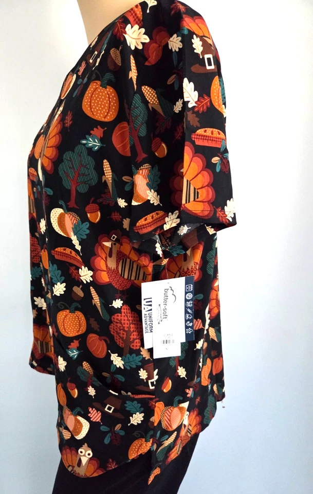 NWT Butter-Soft XL Thanksgiving Stretch Scrub Top Pockets Uniform Advantage - Image 2 of 4