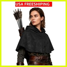 Medieval Cowl Hooded Cape Renaissance Short Cloak with Hood for Women Men Hal...