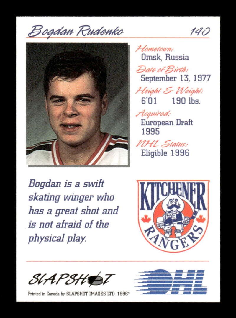 1995-96 Slapshot Kitchener Rangers OHL 140 Bogdan Rudenko BXCP08