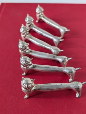 Vintage French Silver Plated Cat Kitten Knife Rests Set Of 6 1930's To 1970's 