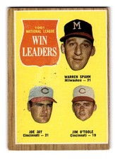 1962 Topps #58 1961 NL Win Leaders (Spahn / Jay / O'Toole)