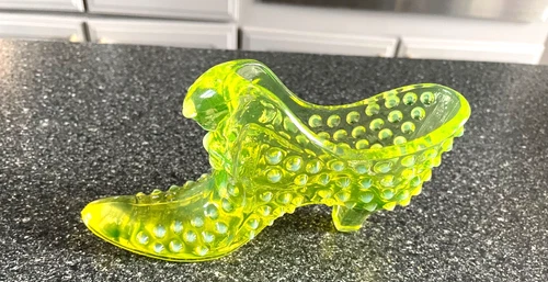 Vintage Fenton Hobnail Cat Head Slipper Topaz Opalescent Vaseline Glows