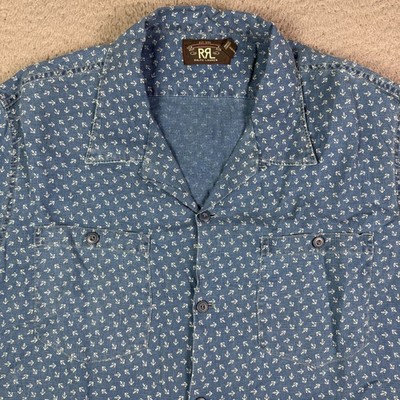 Ralph Lauren RRL Shirt Mens XL Blue Indigo Anchor Camp Loop Collar 100% Linen