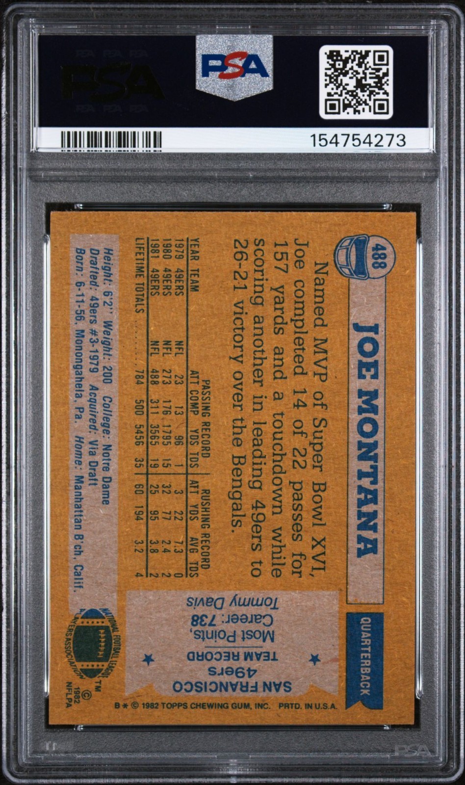 1982 TOPPS ALL-PRO #488 JOE MONTANA PSA 8 view 2