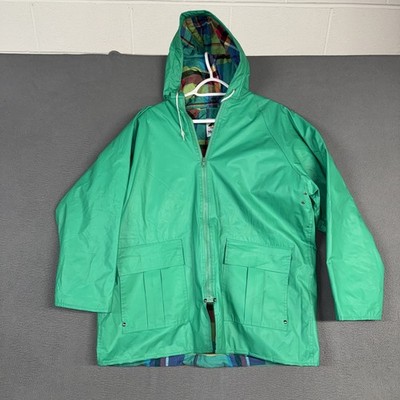 Misty Harbor Rain Coat Women Large Green Full Zip Plaid Lined Jacket Hooded VTG
