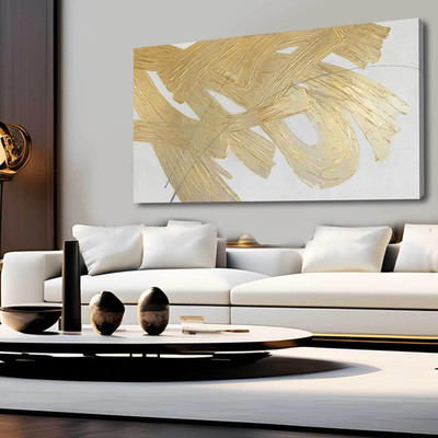Gold Abstract Wall Art White and Gold Modern Framed Painting Texture Artwork for