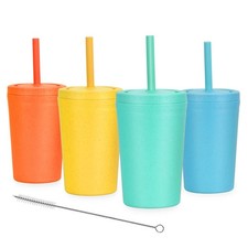 Reusable Wheat Straw Cups Lids Silicone Straws, 10 Oz Eco Friendly Small, 4 PCS