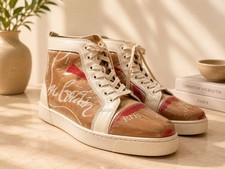 Christian Louboutin Men's High Top Lace-Up Sneakers Beige Brown Red White