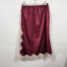 Vintage Satin Nylon Tricot Slip Skirt Red Wine Ivory Lace Trim Single-vent Sz M