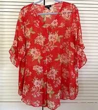 I N Studio Blouse Womens 2X Floral Button Short Sleeve Top Red Colorful