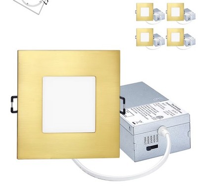 Dimmable 4'' Square Canless LED Recessed Light Fixture - Gold, 4 Pack