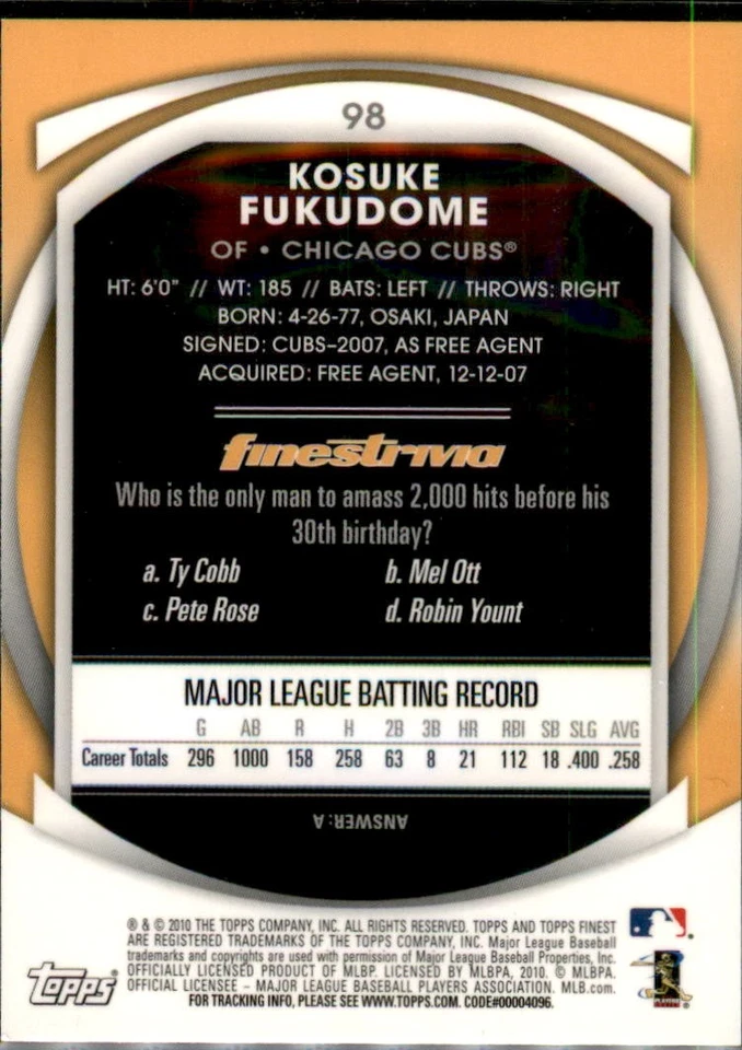 2010 Finest #98 Kosuke Fukudome - Image 2 of 2