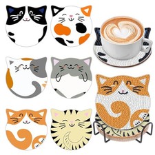 6 Pcs Cat Diamond Painting Coasters Kit with Holder DIY Craft Cat Coasters
