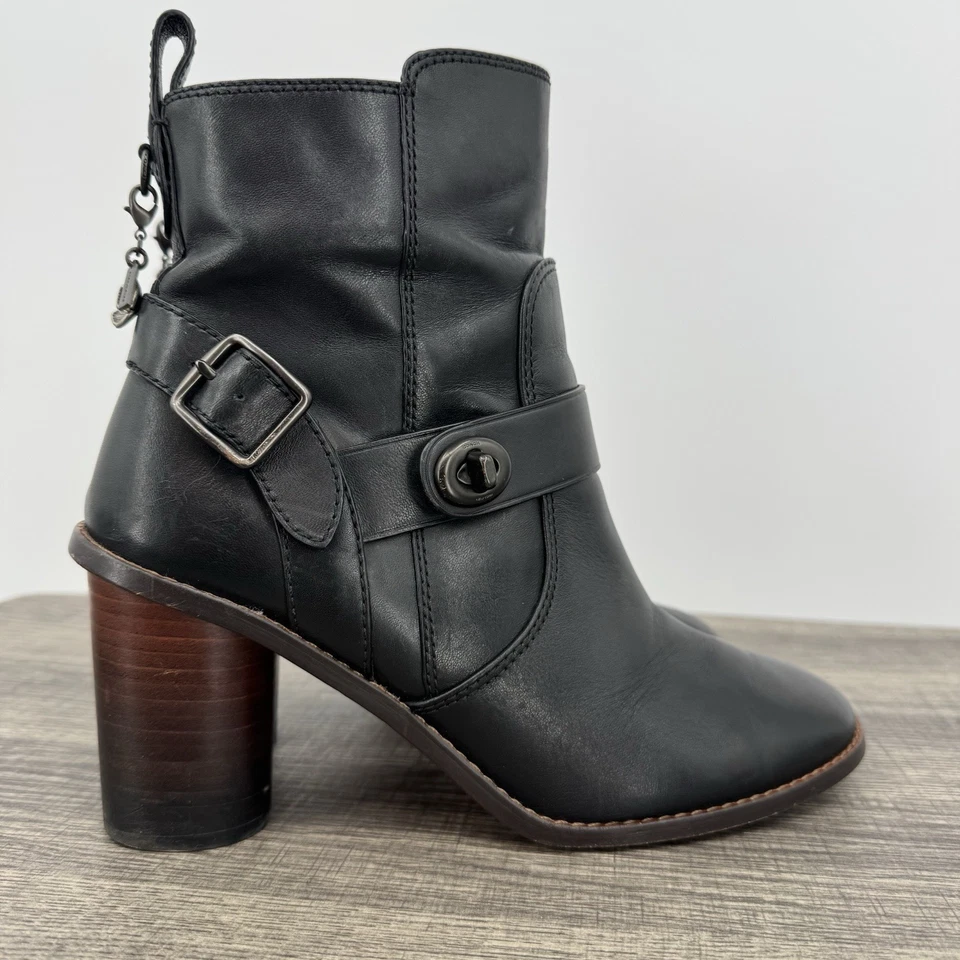 Botines Coach Moto Tacón Cuero Negro Mujer’s Botas Dije Talla 7.5 Foto 2 de 4