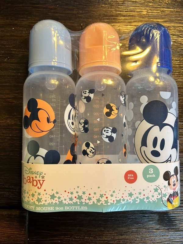 NEW DISNEY BABY MICKEY MOUSE Boy NEWBORN 3 PACK SILICONE TIP BOTTLES 9 OZ.  NIB